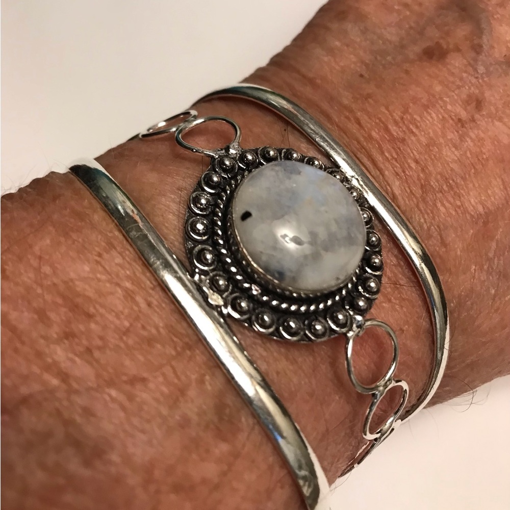 Moonstone Stamped 925 Sterling Silver Cuff Bracelet
